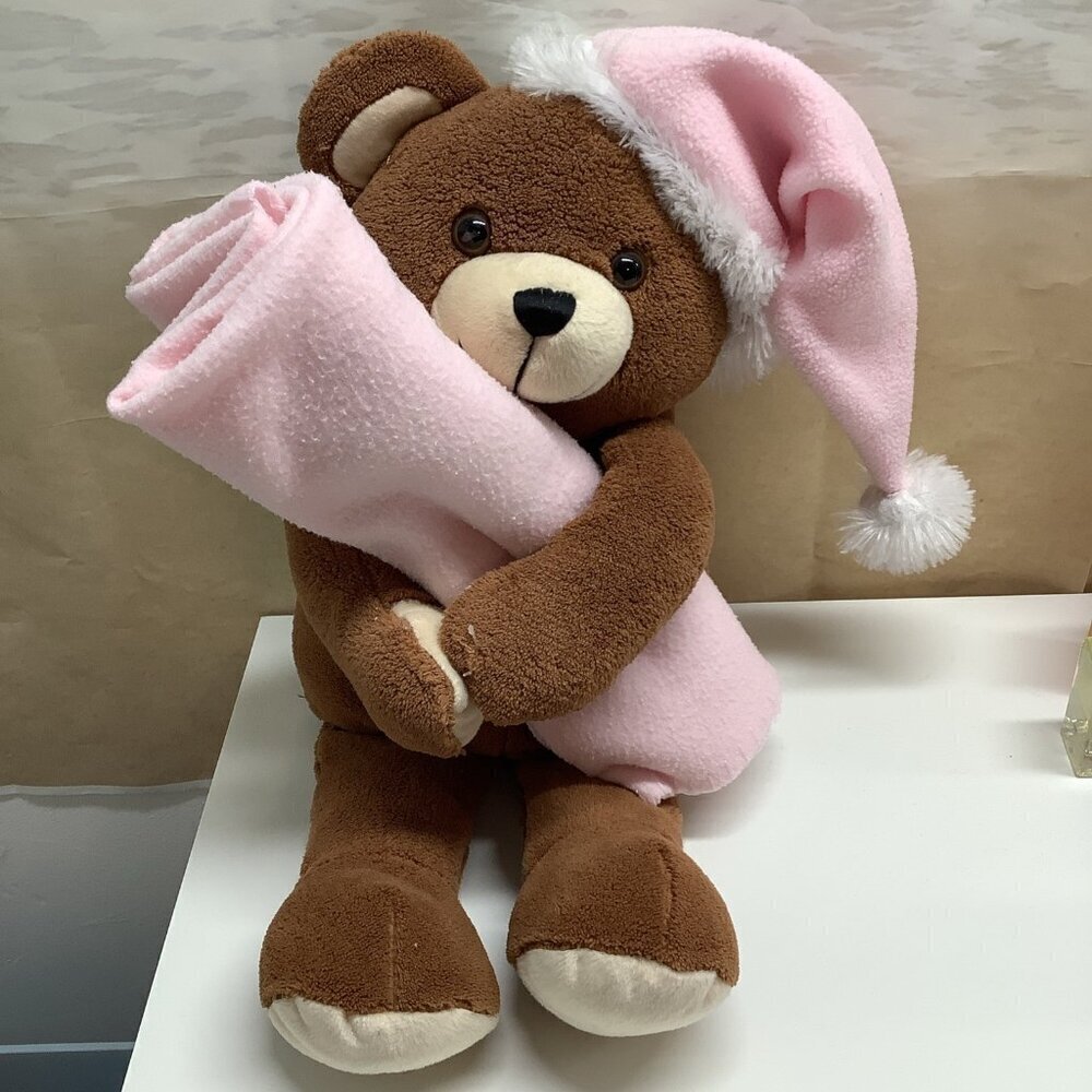 Vintage Teddy Bear With Sleep Hat & Blanket Rare Preloved